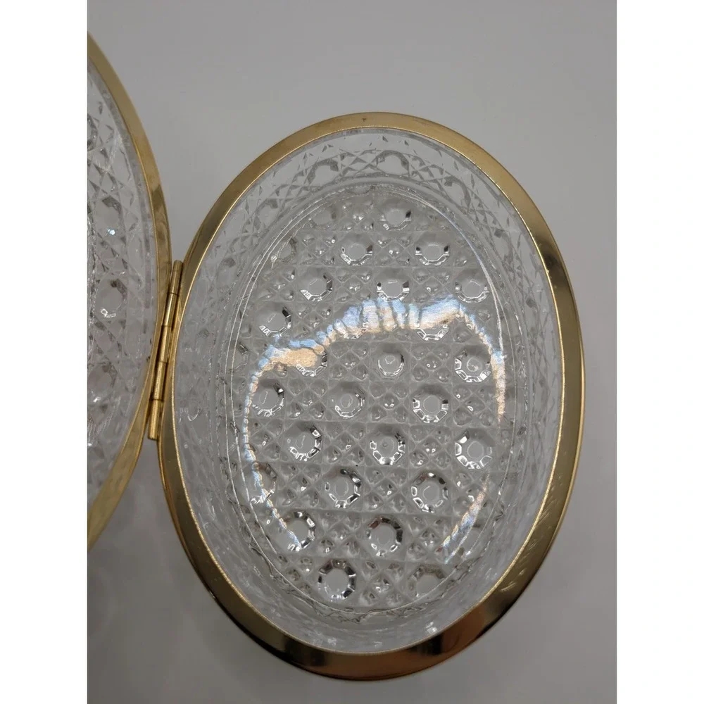 Vintage Cut Glass Crystal Casket Trinket Box Hinged Gold Tone Jewelry Case